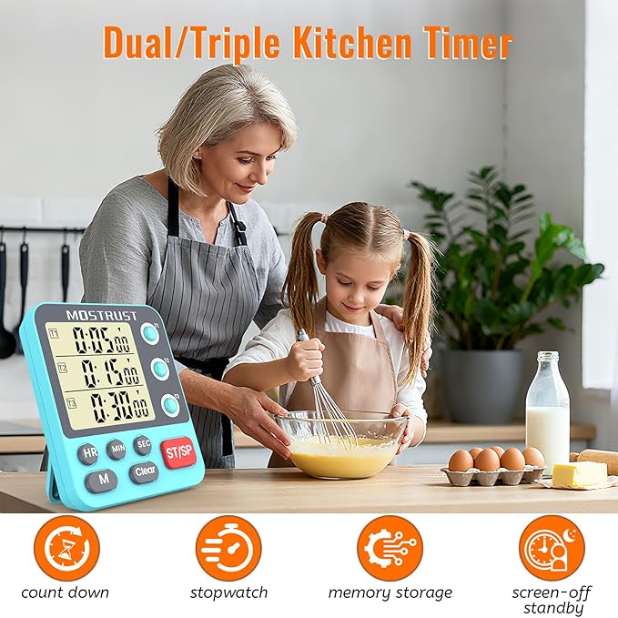 MOSTRUST Digital Dual Kitchen Timer, 3 Channels Countdown Triple Timer for Cooking, Magnetic Memory-Preset Large-Display Adjustable Alarm Volume, Multi Times Management, 3A Battery Included, Blue