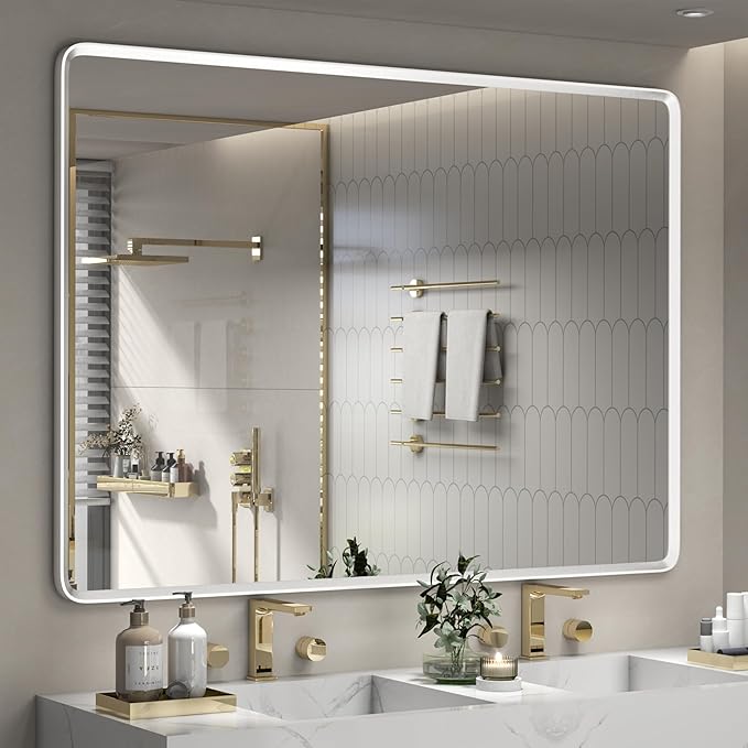55x40 Inch Silver Framed Mirror, Silver Bathroom Vanity Mirror for Wall, Brushed Nickel, Rounded Rectangle Mirror, Shatterproof, Anti-Rust (Horizontal/Vertical)