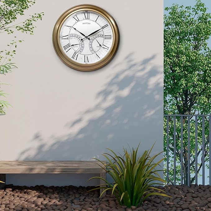FOUNTAIN DESIGNS 24 Inch in/Outdoor Wall Clock with Temperature and Humidity Combo, Large Outdoor Clock for Patio Large Waterproof with Thermometer,Antique Hamilton Gold Metal