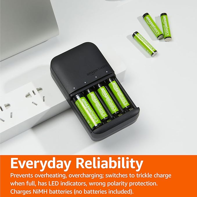 Amazon Basics Battery Charger for Rechargeable AA and AAA NiMh Batteries - NA Plug, 4-Bay, Black