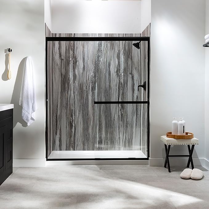 Palisade 78in x 60in x 32in Waterproof Vinyl Shower Surround Kit with Accessories in Louvre Granite