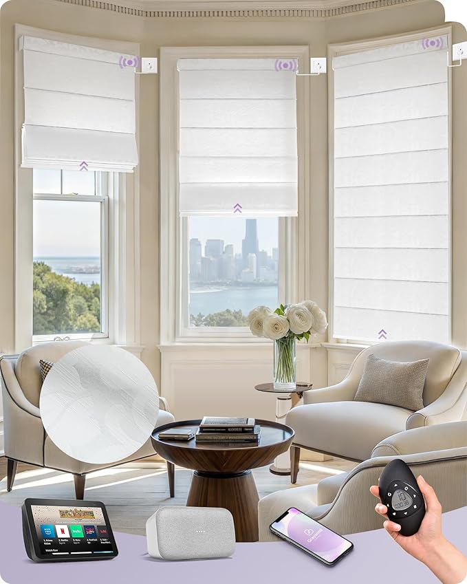 Graywind Smart Roman Shades Compatible with Alexa Google WiFi Hardwired Automatic Blind with Remote Light Filtering Plain Fold Soft Roman Window Shades for Windows Doors, Custom Size (Floral White)