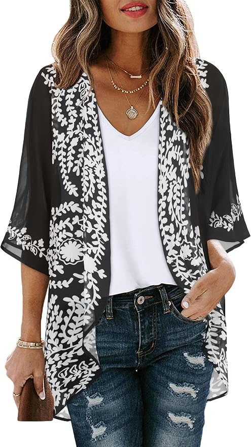 Women's Floral Print Puff Sleeve Kimono Cardigan Loose Cover Up Casual Blouse by CHICGAL