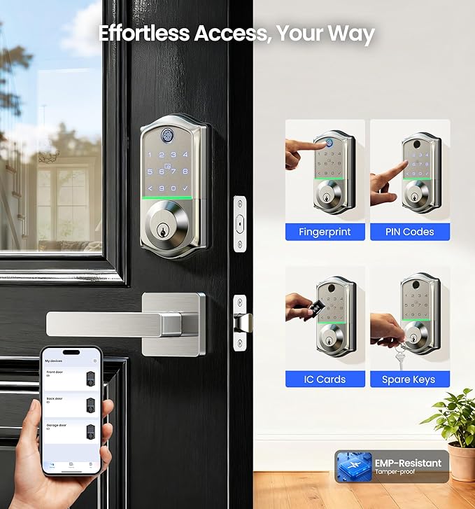 Veise VE017-B Fingerprint Smart Lock for Front Door, App Control, 7-in-1 Keyless Entry Deadbolt with 2 Zinc Alloy Lever Handles Set, Emergency Power Port, Auto Lock, Electronic Keypad, Satin Nickel