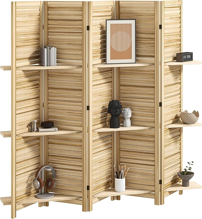 HOMCOM Room Divider, 5 Panel 67" Tall Wood Privacy Screen with 3 Display Shelves, and Folding Storage for Bedroom or Home Office, Natural Wood