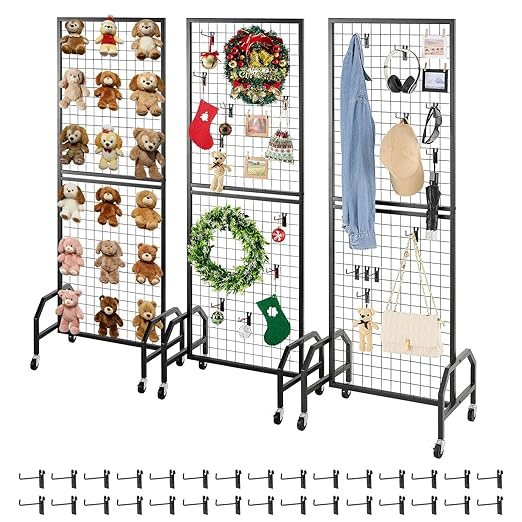VEVOR 3 Packs Grid Wall Panels, 1.9 x 5.4 ft Wire Grid Panels Display Rack, Movable Art Display Shelf with Wheels and 30 Hooks, Black Carbon Steel Gridwall for Craft Show, Decor, Storage, Notice Board