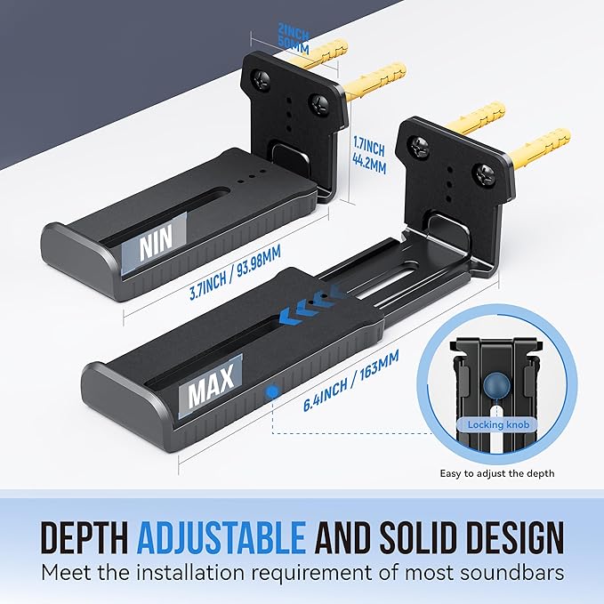 Agandax Soundbar Wall Mount Bracket for Samsung, Sony, LG, Vizio, Bose, JBL and More Sound Bar Mounts Under TV, Depth Adjustable 3.7”-6.4”, Hold up to 38 lbs, Soundbar Shelf