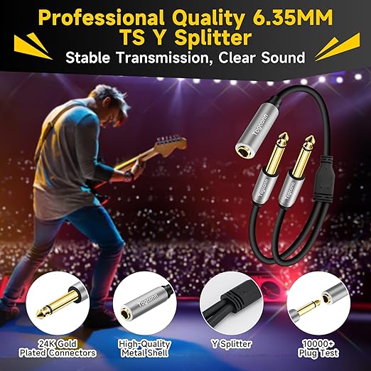 Togconn 2-Pack 1/4 inch TS Mono Splitter Y Adapter, 6.35mm Mono Female to Dual 6.35 mm TS Mono Male Jack, Quarter inch Audio Speaker Splitter Converter Cable 1 Feet, Gold Plated Connectors