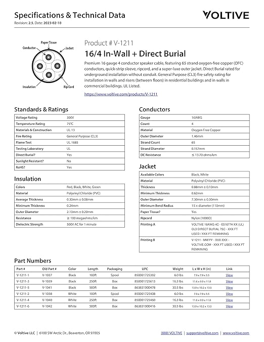 Voltive 16/4 Speaker Wire, in-Wall CL3 & Direct Burial, White, 500ft - 16AWG, 4 Conductors, Stranded Oxygen-Free Copper, UL Listed - V-1211-6