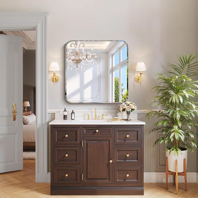 CILIBER Beveled Mirror 30"x30", Square Frameless Bathroom Mirror Rounded Corner, Framless Vanity Mirror Shatterproof Tempered Glass Lightweight Design for Bedroom Living Room Entryway