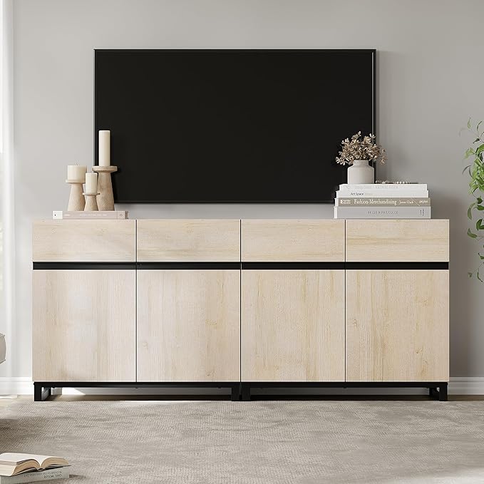 Wampat Modern TV Stand for 70 inch TVs, 2 in 1 Entertainment Center Console with Adjustable Shelves and Metal Base for Living Room, Bedroom, Light Oak