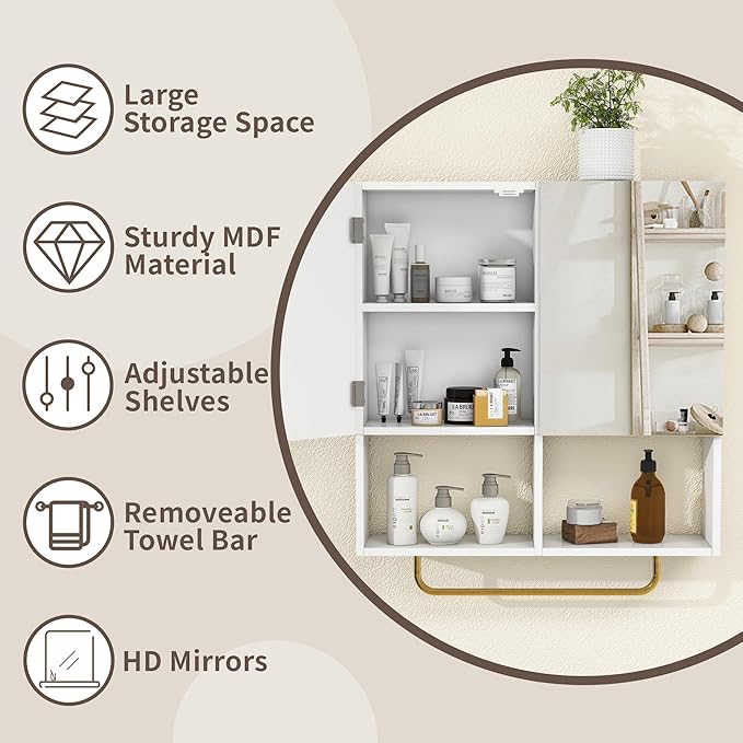 Wall Mounted Storage Cabinet with Mirror & Adjustable Shelves- Bathroom Medicine Cabinet with Towel Bar for Bathroom, Laundary, Enterway,Bedroom