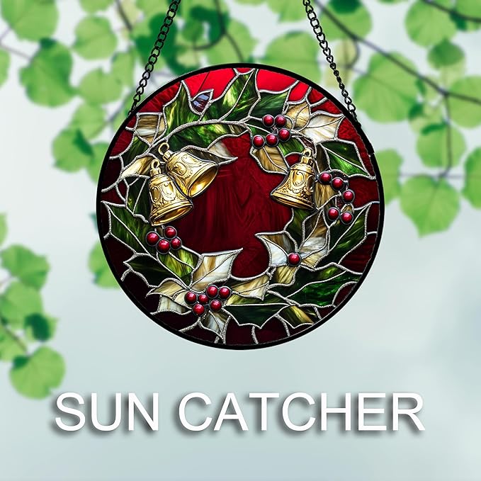 AMDERVEN Stained Glass Window Hanging 4 Pcs Set Christmas Golden Bell Sleigh 6.3" - Suncatcher Door Garden Sun Catcher Decor Birthday Mother's Day Xmas Gifts for Mom Woman Nana Men Parents
