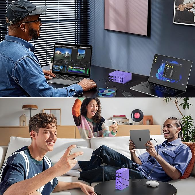 500W USB C Charger Block, 12-Port USB C Charging Station for Multiple Devices, Leather Texture Dual PD 65W Laptop Fast Charger Compatible with MacBook Pro/Air, iPad, iPhone,Galaxy and More,Purple