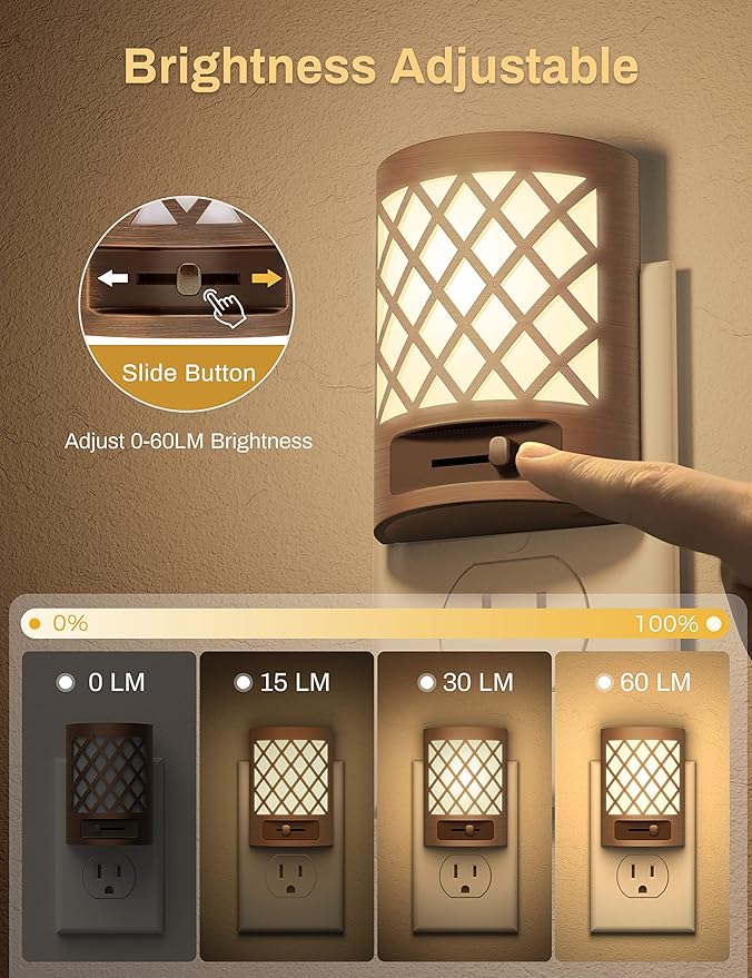 DORESshop Vintage LED Night Light Plug in, Dusk to Dawn Sensor, Dimmable Night Light, 1W (15W Equivalent), Adjustable Brightness from 0LM-60LM, Soft White 3000K for Bedroom, Hallway, Nursery, 4 Packs
