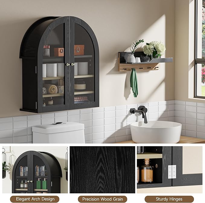 HOACT Arch Bathroom Wall Cabinet with Glass Door, 23.6" Above Toilet Storage Cabinet with Adjustable Shelves, Natural Medicine Cabinet for Kitchen, Laundry Room, Bedroom, Black