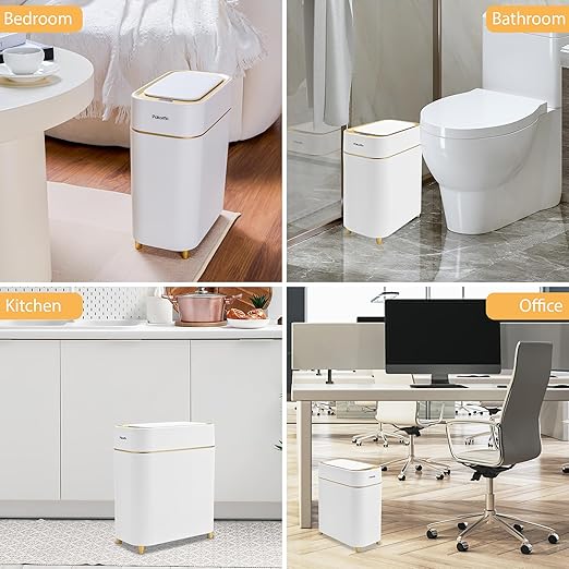 Pukomc Automatic Small Sensor Trash Can with Touchless Lid, 2.3 Gallon / 9L Smart Garbage Can, Quiet Close White Gold Waste Bin - Perfect for Kitchen, Living Room & Small Spaces
