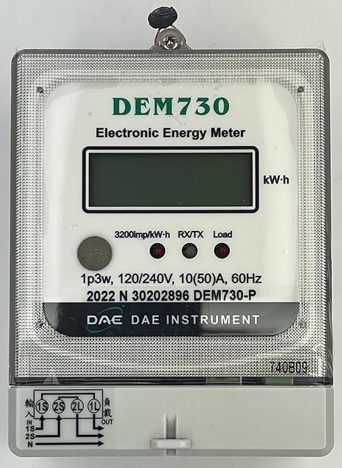 DAE DEM730P Electric kWh Submeter, RS485, 1P3W (2 Hot wire, 1 Neutral), 120/240V, 50A, Internal CT
