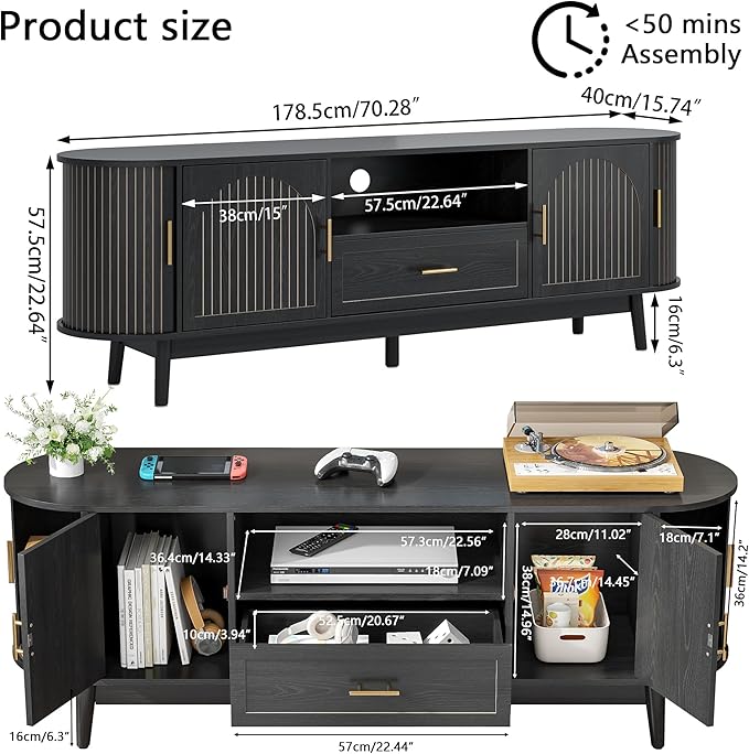 70" Fluted TV Stand for Tvs up to 80", Mid-Century Modern Entertainment Center with Drawers and Fluted Doors, Curved TV Media Console Table with Sliding Doors for Living Room, Bedroom (70" Black)
