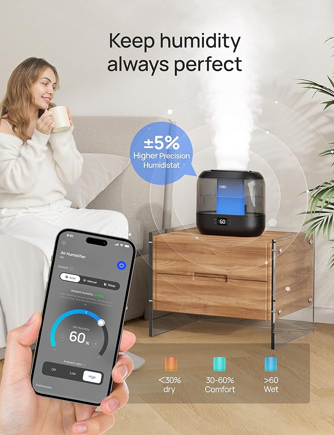 DREO Smart Humidifiers for Bedroom, Top Fill 4L Supersized Humidifier Large Room with 28 dB, 36H Runtime, Touch/APP/Voice Control, Nightlight, Cool Mist Humidifiers for Baby, Plants, Indoor, Ebony