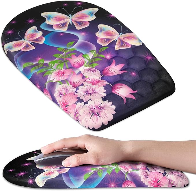 BOCHEERY Ergonomic Mouse Pad Wrist Support,Upgrade Mousepad with Massage Design,Non-Slip PU Base Desktop Mouse Pads for Pain Relief, Computer, Office & Home,12 x 8 in（F-Butterfly with Flower）