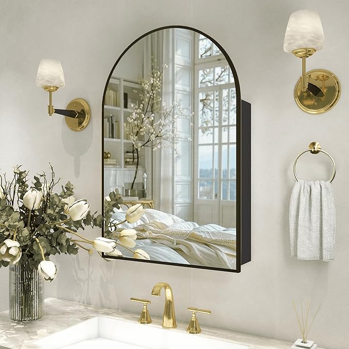 16 x 32 Black Bathroom Medicine Cabinet with Mirror,Arched Medicine Cabinet with Mirror,Assembly Required,Bathroom Mirror with Storage,Wall Mounted Medicine Cabinets with Adjustable Shelves