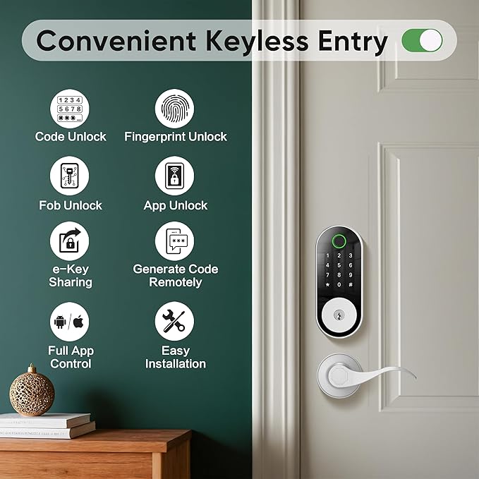 Fingerprint Smart Door Lock Keypad Deadbolt – Keyless Entry with Fingerprint, Code, FOB, App & Key, Remote Access for Home, Airbnb/Rental, Auto-Lock, Privacy Mode, Alexa/Google Compatible, DIY Install