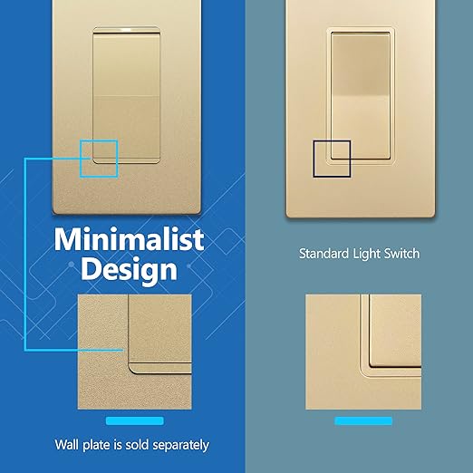 LIDER Minimalist Design Matte Finish Lighted Decorator Switch, Frameless Paddle Light Switch with Locator Light, Grounding Screw, 3-Way or Single Pole, 15A 120V, UL Listed, LS15-3W-GD, Gold