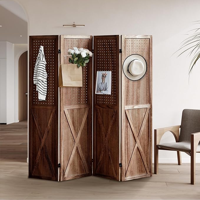 ALeesing 4 Panel Pegboard Wood Room Divider, 5.6Ft Pegboard Display Folding Privacy Screens, Peg Board Display Freestanding for Trade Show Craft Show Home Wall Organizer, Retro Brown