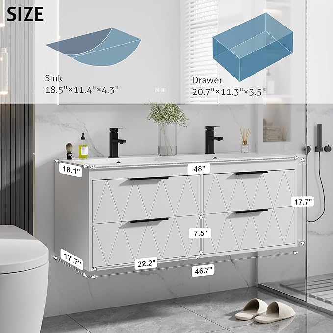 eclife 48" Bathroom Vanities Cabinet with Sink Combo, Wall Mounted Floating Cabinet W/Decor Line, Soft-Close System, 4 Extra Big Drawers, Matte Black Faucet, White