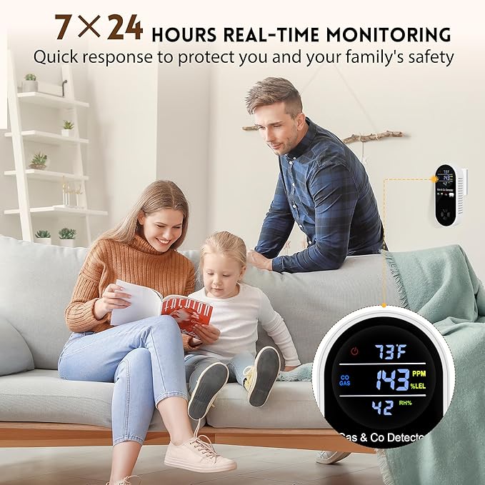 4 Packs Carbon Monoxide Detectors Plug in, 4-in-1 Natural Gas Leak Detector & Carbon Monoxide Detectors with Temperature & Humidity, Natural Gas Detectors for Home/Apartment/RV
