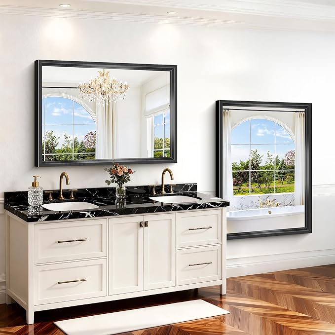Black Bathroom Mirror, 36x48 Inch Large Rectangle Mirror, 0.6" Thickened Deep Frame Mirrors for Wall Over Sink, Brushed, Shatterproof Tempered Glass, Antirust, Horizontally or Vertically