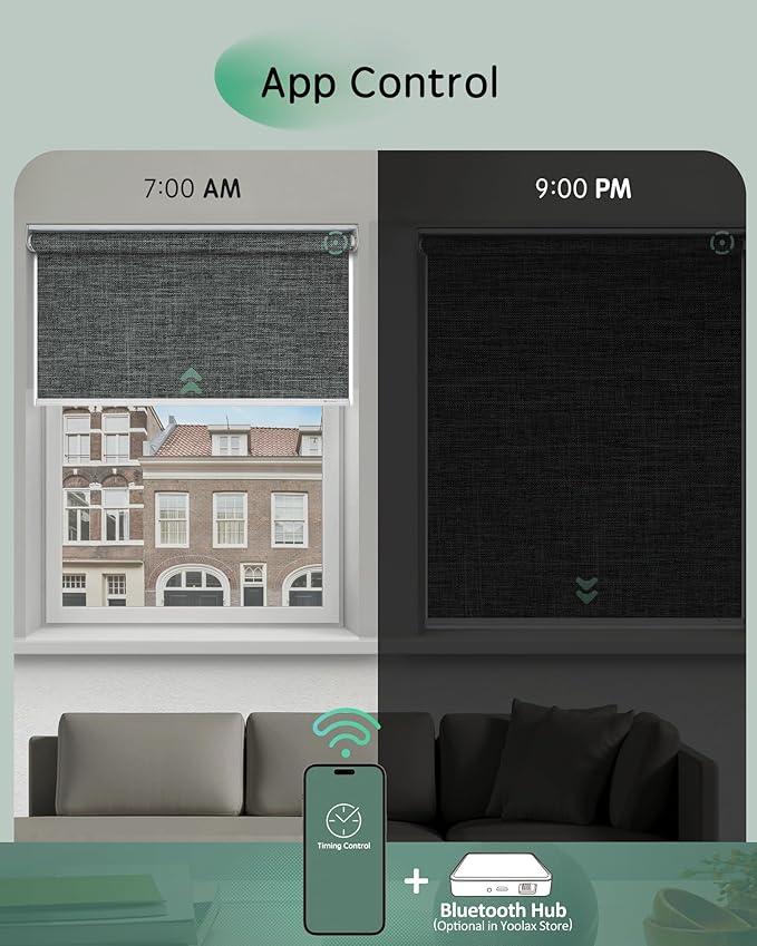 Yoolax Motorized Blinds App Control, Blackout Roller Shades for Windows, Cordless Automatic Shades Roller Window Blinds for Bedroom Living Room Office (Blackout Ashfall Gray, 45" W x 72" H)