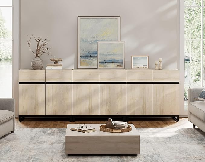 WAMPAT Modern TV Stand for TVs Up to 110 Inch, 3 in 1 Wood Entertainment Center Console Table With Adjustable Shelves and Metal Base for Living Room, Bedroom, Light Oak