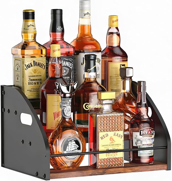 STAEVER 3-Tier Liquor Bottle Display Shelf, Exquisite Metal Design, Extra Large Bar Organizer for The Home Bar, Countertop Wine Rack with Smooth Handles, Retro Bar Shelf Stand for Whiskey, Spirits