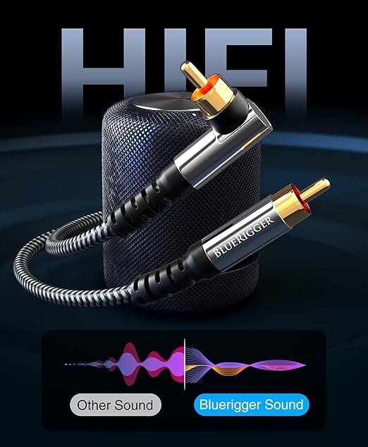 BlueRigger Subwoofer Cable 90D (50FT, RCA Audio, Dual Shielded, Gold Plated, Right Angled Male RCA Connectors) – Compatible with Subwoofer, Amplifier, Home Theater