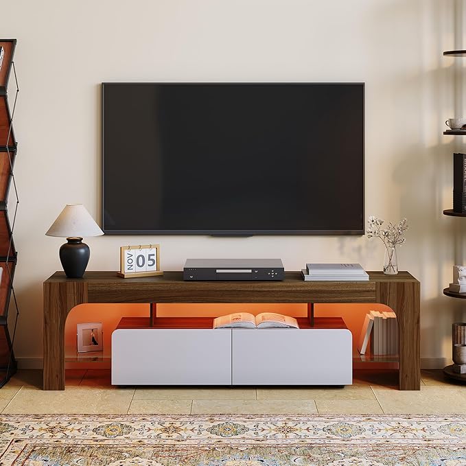 IDEALHOUSE LED TV Stand for 55 to 75 Inch TV, Walnut Entertainment Center with Storage Drawer & Glass Shelves, Modern TV Console Table with Color Changing Lights for Living Room Bedroom