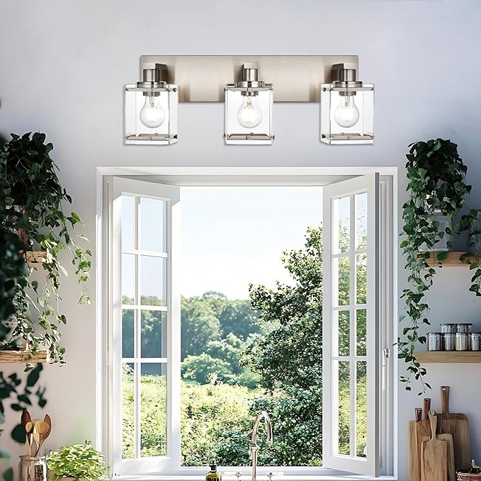 WINSHEN 3-Lights Bathroom Wall Light Fixtures E26 Bulb Base, Brushed Nickel Vanity Lighting Fixtures Over Mirror with Clear Glass Shades for Living Room Hallway Kitchen