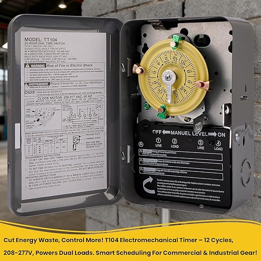 T104M Mechanical Timer Switch (Mechanism Only),208-277 VAC 5HP 40A DPST Pool Pump Timers Replacement,24-Hour 12 ON/Off Electromechanical Timer Switch for Pool Pump Water Heater Lighting