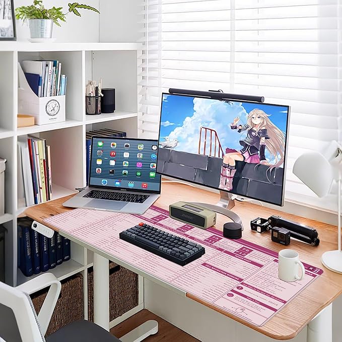 Baziabbo Office Desk Mat, Excel Cheat Sheet Keyboard Mat, Excel Shortcut Desk Pads,Non-Slip Excel Mousepad with Stitched Edges for Computer (Sheet Pink)