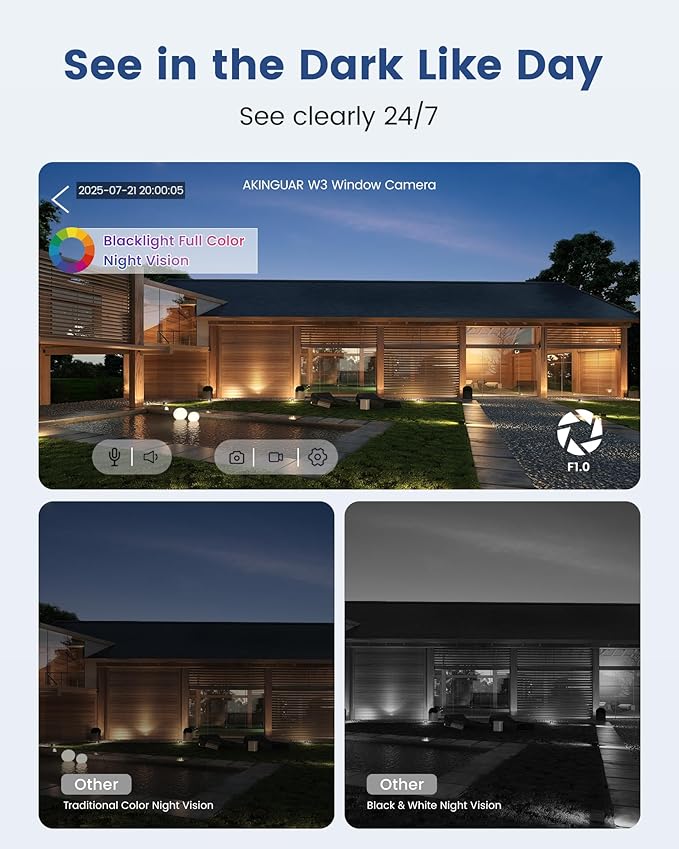 AKINGUAR 3MP 2K Window Camera, 2.4GHz WiFi Indoor Camera for Home Security, with Full-Color Night Vision, Person & Motion Detection, 2 Way Audio, 24/7 Recording, Easy Set Up, 2 Packs