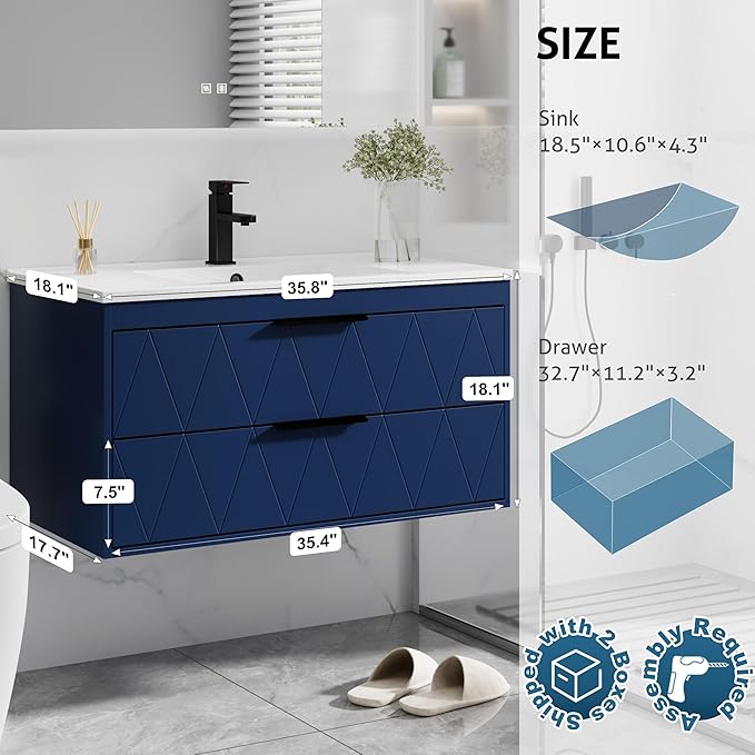 eclife 36" Bathroom Vanities Cabinet with Sink Combo, Wall Mounted Floating Cabinet W/Decor Line, Soft-Close System, 2 Extra Big Drawers, Matte Black Faucet, Navy Blue