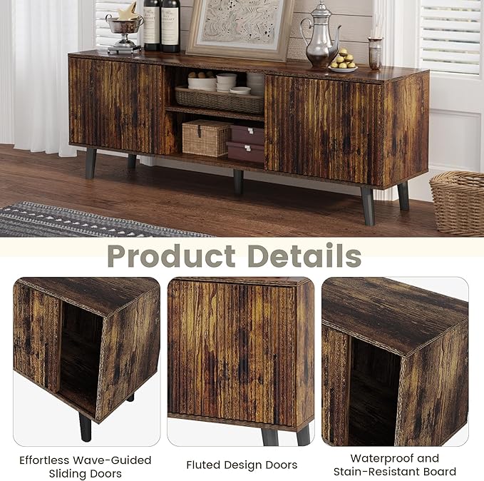 EROMMY 63'' Fluted TV Stand for 70 Inch TV, Modern Entertainment Center with Sliding Doors & Storage Cabinet, Mid Century Media TV Console for Living Room, Brown