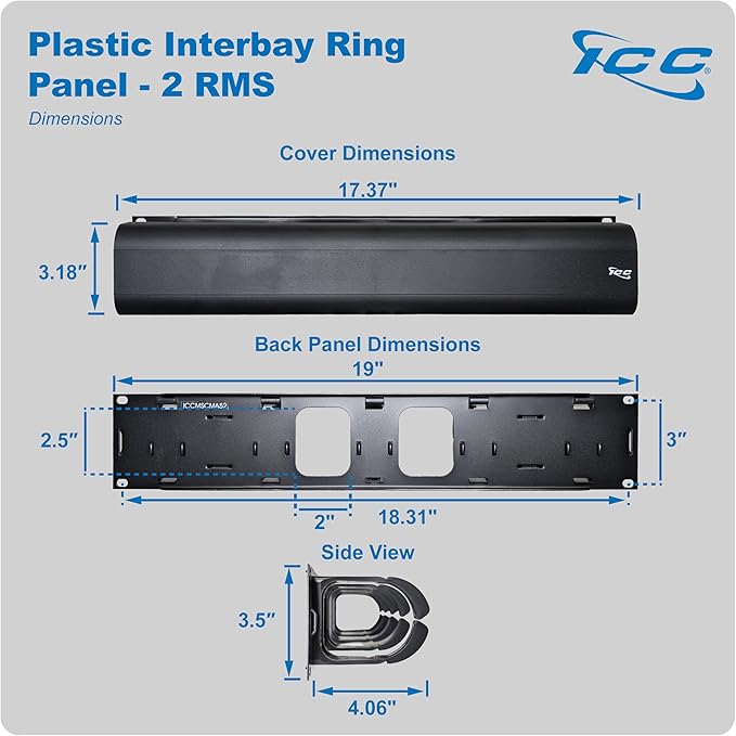 ICC 2U Ring Cable Manager Panel with Cover, Plastic with Metal Back Frame, 4" D-Rings, Horizontal Cable Management, Rackmount for 19” Network Racks, Black, 6-Pack