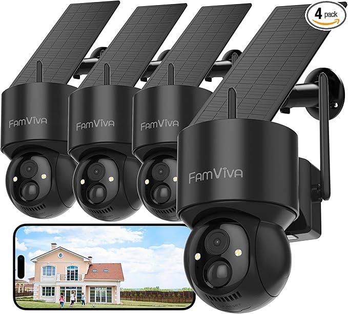 FAMVIVA 2K Solar Security Cameras Wireless Outdoor, 360°PTZ Battery Powered Cameras for Home Security, 2.4G WiFi Outdoor Camera with Color Night Vision, IP66 Waterproof, Motion Sensor Alarm, Black-4P