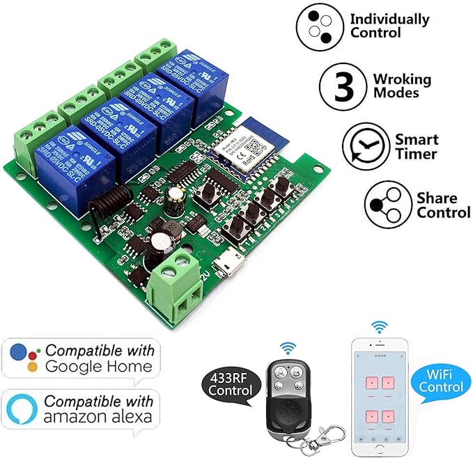 Newgoal 4 channelsWiFi Wireless Smart Switch Inching Self-locking Relay Module, be applied to access control Tuya SmartLife APP,DIY WIFI Garage Door Opener With 433 MHz RF remote control