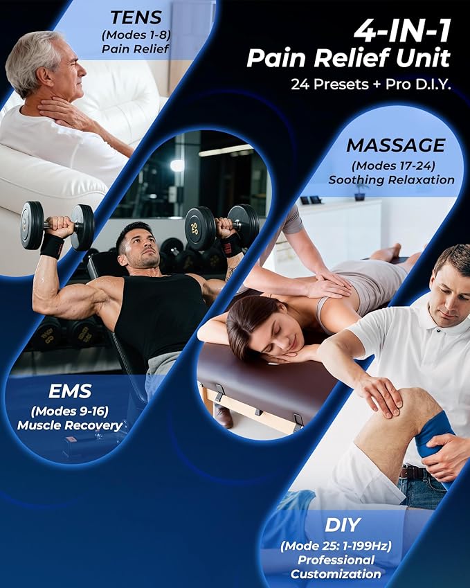 KingPavonini 4-IN-1 TENS Unit Muscle Stimulator, DIY & TENS & EMS & MASS, Dual-Channel 40 Intensities TENS Machine, Muscle Stimulator for Pain Relief Therapy Sciatica Back Pain, 12 Pads (Model: B2501)