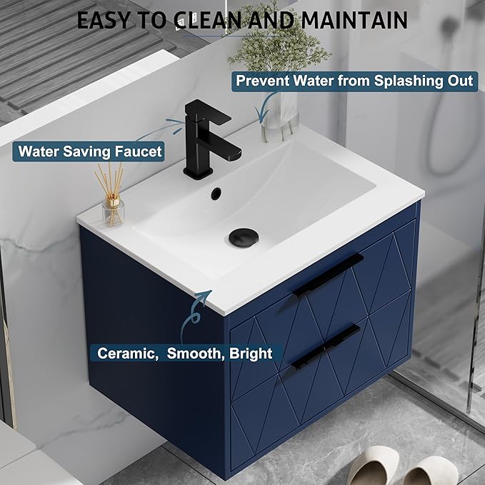 eclife 24" Bathroom Vanities Cabinet with Sink Combo, Wall Mounted Floating Cabinet W/Decor Line, Soft-Close System, 2 Extra Big Drawers, Matte Black Faucet, Navy Blue