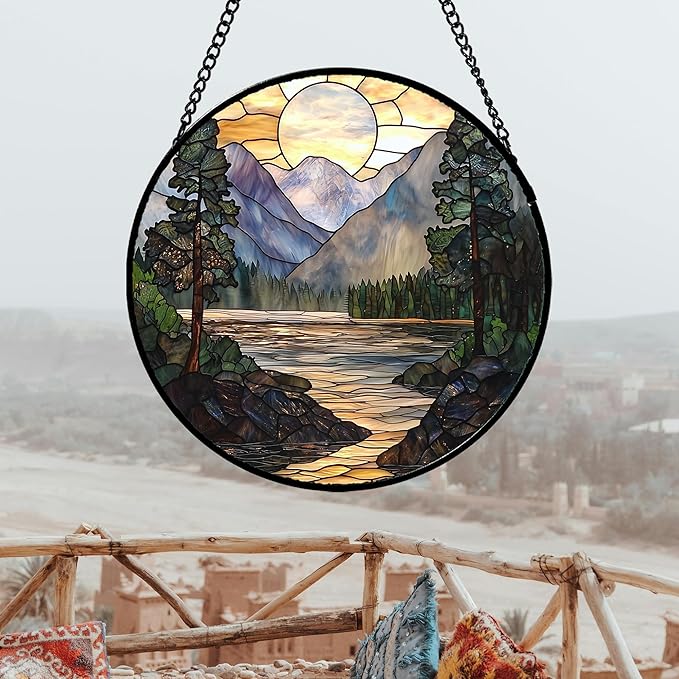 AMDERVEN Stained Glass Window Hanging, Sunset Mountains Lake Tree Sun Catcher for Window Home Decor Landscape Suncatcher Mother's Day Birthday Gifts for Women Men Mom and Nana 9.8 in