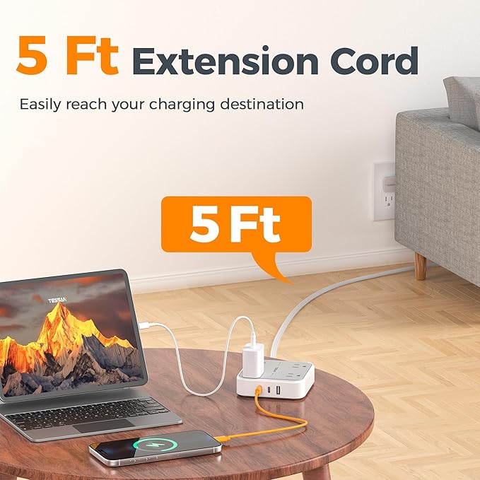 TESSAN Surge Protector Power Strip with 3 USB (2 USB C) 4 Outlets, Flat Plug Extension Cord 5 Ft, 900J Surge Protection, Multiple Charging Station with Power Switch for Home, Office, Dorm Room, Gray